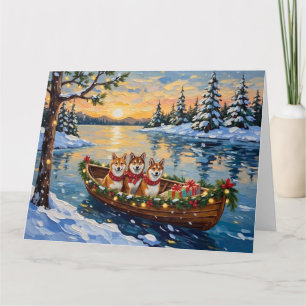 Tarjeta Barco de Navidad de Shiba Inu Fiesta
