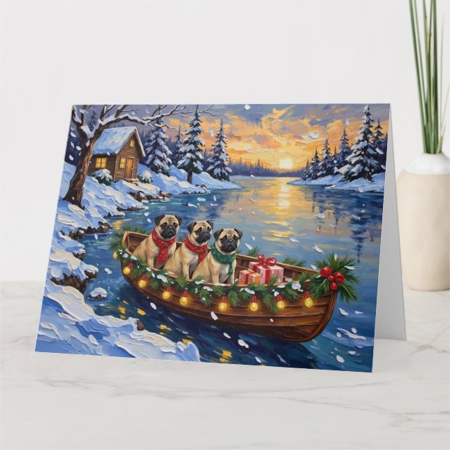Tarjeta Barco de Navidad Pug Fiesta (Anverso)