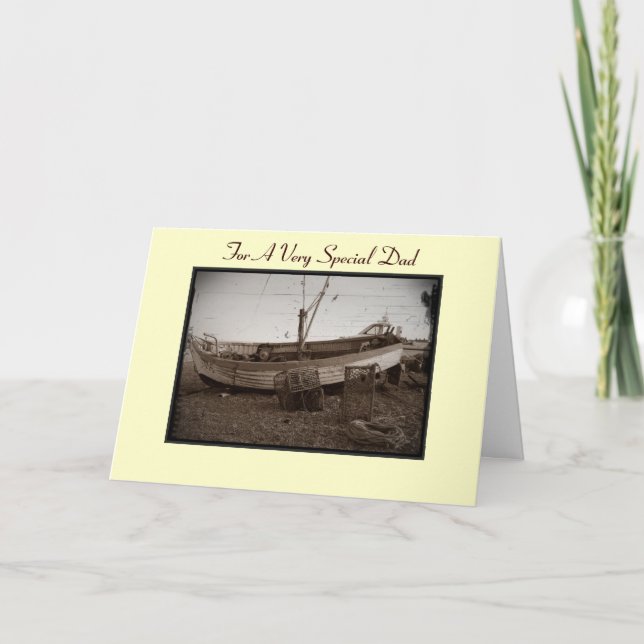 Tarjeta barco de pesca con ollas de langosta en la playa p (Anverso)