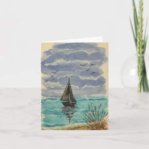 Tarjeta Barco de vela en agua azul turquesa - blanco plega