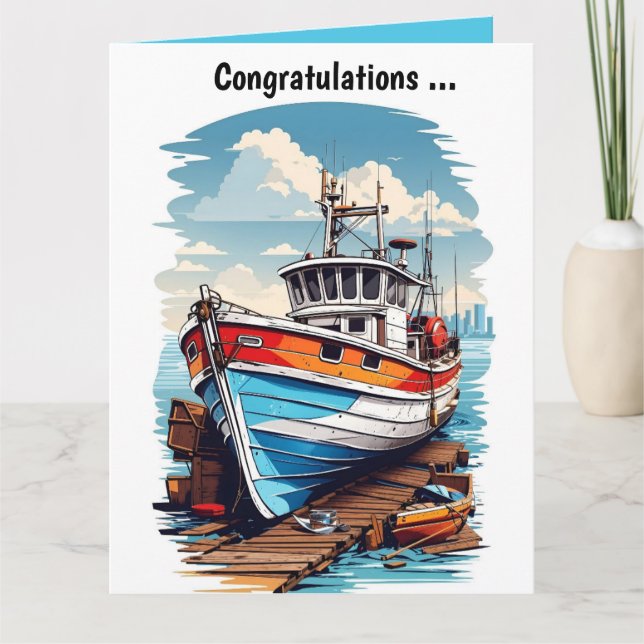 Tarjeta Barco editable junto al muelle Felicitaciones (Anverso)