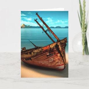 Tarjeta Barco en ruinas en una playa abandonada de arena