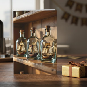 Tarjeta Barco en un cumpleaños marítimo de botella para He