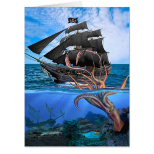 Tarjeta Barco pirata contra el calamar gigante