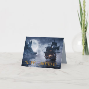 Tarjeta Barco pirata y castillo Feliz cumpleaños