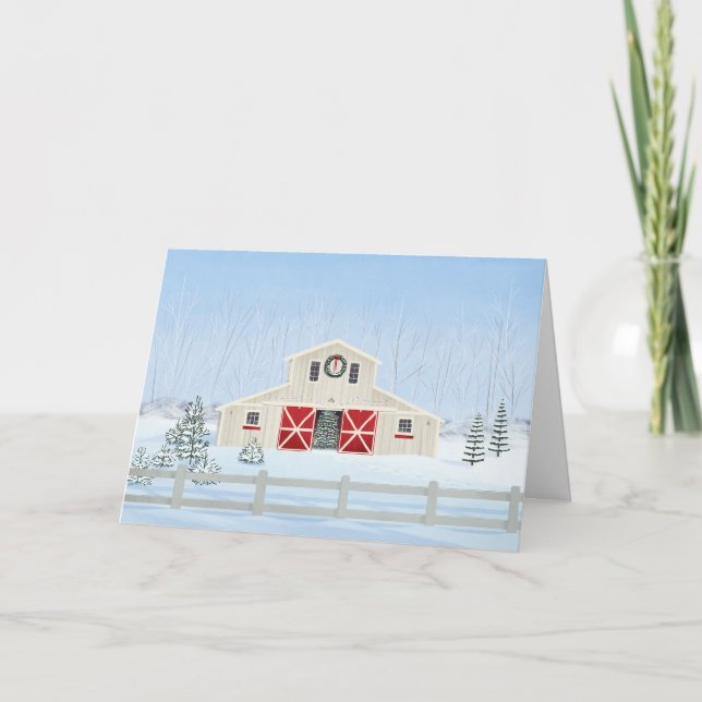 Tarjeta Barn Blank para Navidades de nieve blancos (Anverso)