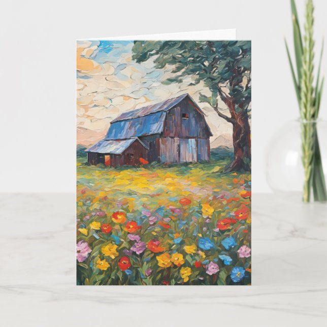 Tarjeta Barn En Campo De Flores Silvestres (Anverso)