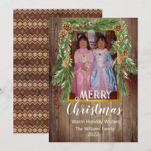 Tarjeta Barnboard Rústico, Pine Garland, Navidades de foto (Anverso / Reverso)