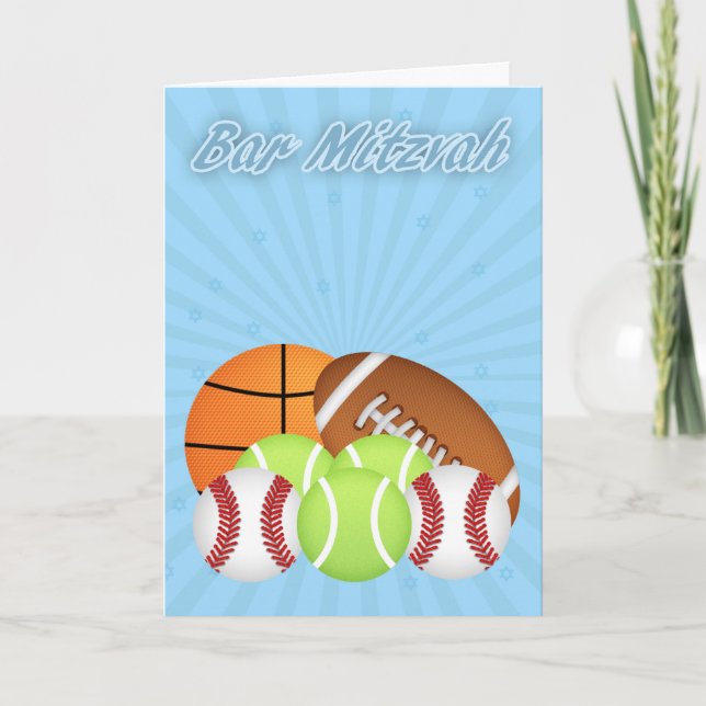 Tarjeta Barra Mitzvah con las diversas bolas del deporte, (Anverso)