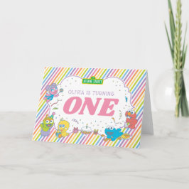 Tarjeta Barrio Sésamo | Primer cumpleaños a rayas