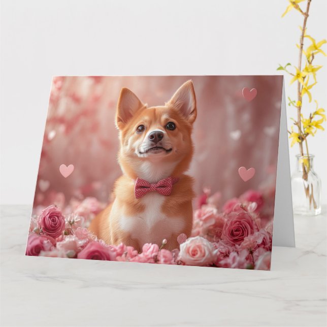 Tarjeta Basenji con Rosas - Día de San Valentín (flor amarilla)