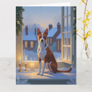 Tarjeta Basenji con vacaciones de Navidades alumbrados