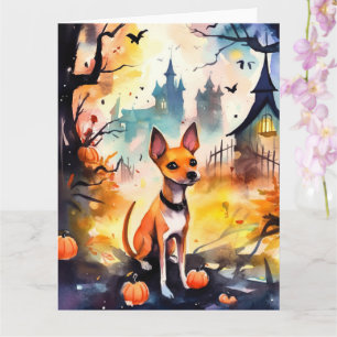 Tarjeta Basenji de Halloween con calabazas Espeluznante 