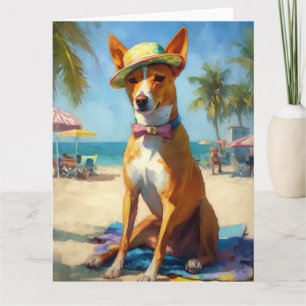 Tarjeta Basenji en la playa, regalo de verano para amantes