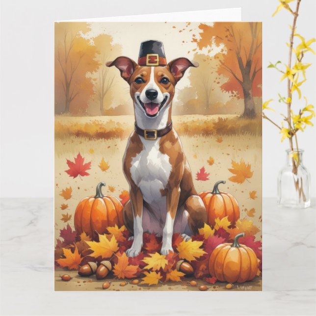Tarjeta Basenji En Otoño Deja El Arte De Acción De Gracias (flor amarilla)