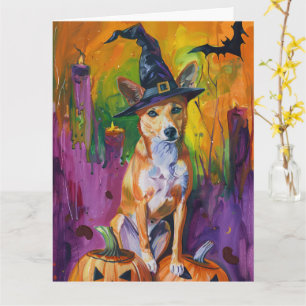 Tarjeta Basenji espeluznante de Halloween Bruja y Calabaza