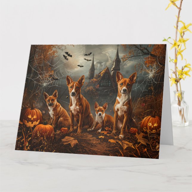 Tarjeta Basenji Halloween Night Doggy Delight (flor amarilla)