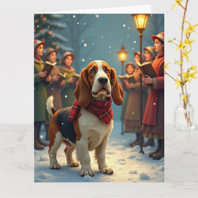 Tarjeta Basset Hound Christmas Carol Singers Painting (flor amarilla)