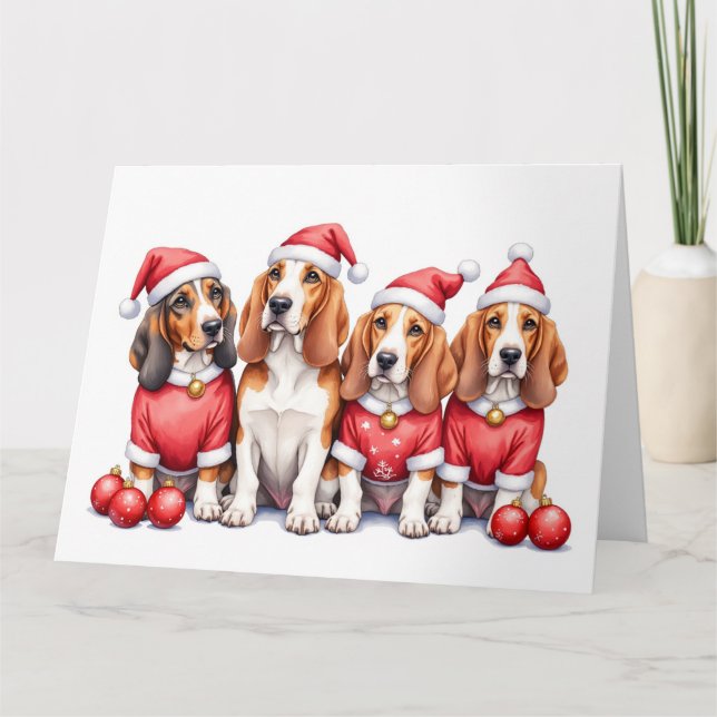 Tarjeta Basset Hound Christmas Dress Santa Hat (Anverso)