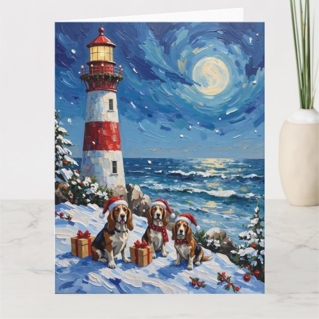 Tarjeta Basset Hound Christmas Lighthouse Holiday (Anverso)