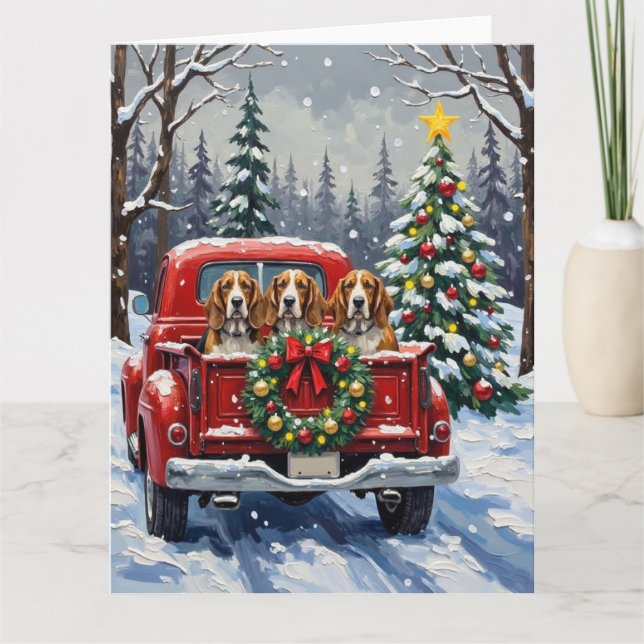 Tarjeta Basset Hound Christmas Red Truck Holiday (Anverso)