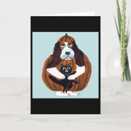 Tarjeta Basset Hound con disfraz de Calabaza con Gato Negr