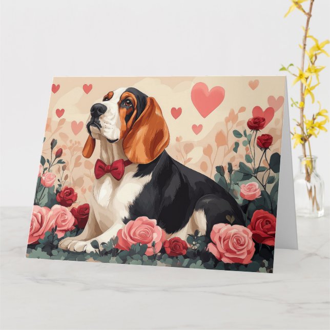 Tarjeta Basset Hound con Rosas - Día de San Valentín  (flor amarilla)
