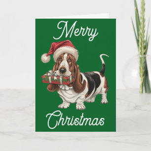 Tarjeta Basset Hound con sombrero de Santa regalo en la bo