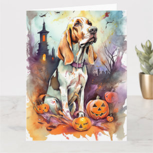 Tarjeta Basset Hound de Halloween con calabazas espeluznan