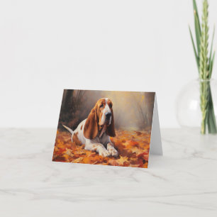 Tarjeta Basset Hound en otoño inspira la caída de las hoja