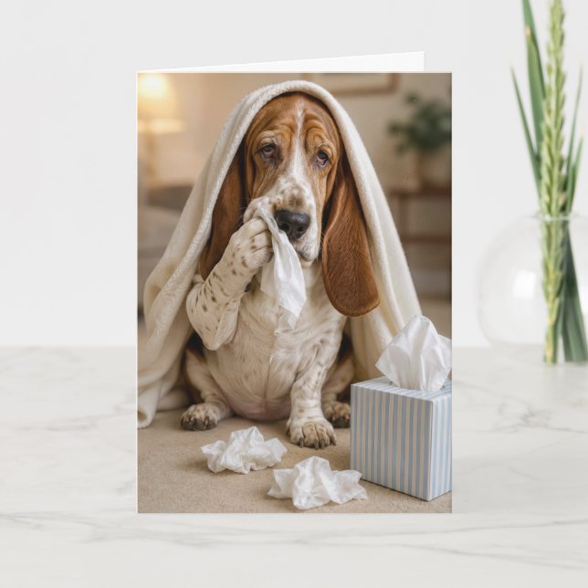 Tarjeta Basset Hound enfermo con pañuelos (Anverso)