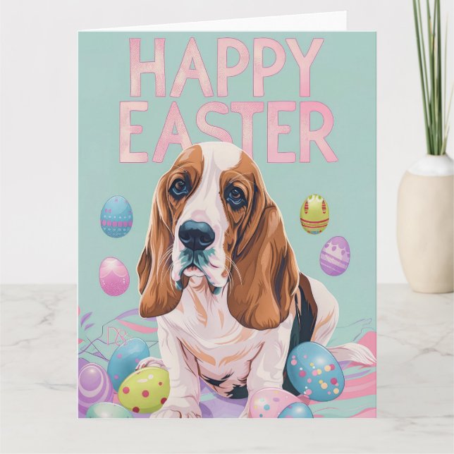 Tarjeta Basset Hound Happy Easter (Anverso)