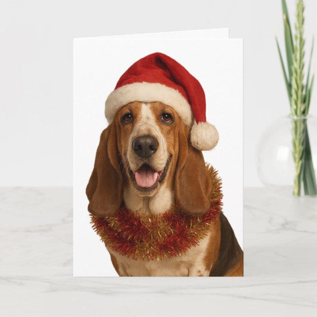 Tarjeta Basset Hound in a Santa hat Christmas card (Anverso)