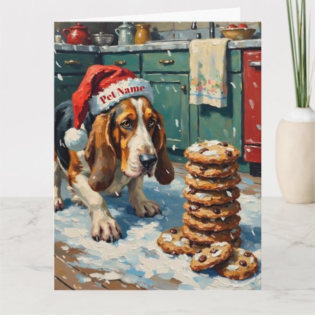 Tarjeta Basset Hound Sniffing Christmas Cookie Trail Hat (Anverso)