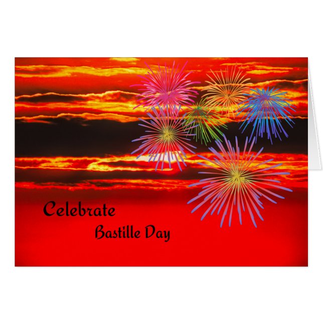 Tarjeta Bastille Day Sunset y fuegos artificiales (Anverso (Horizontal))