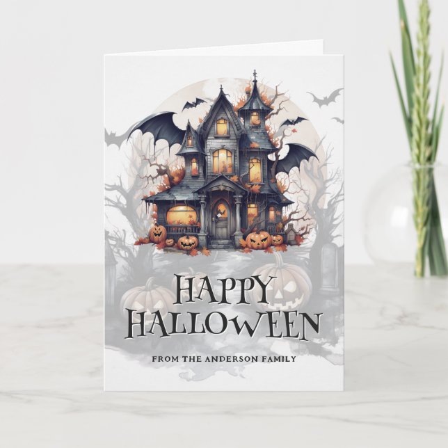 Tarjeta Bat Haunted House Spooky Pumpkins Foto Halloween (Anverso)