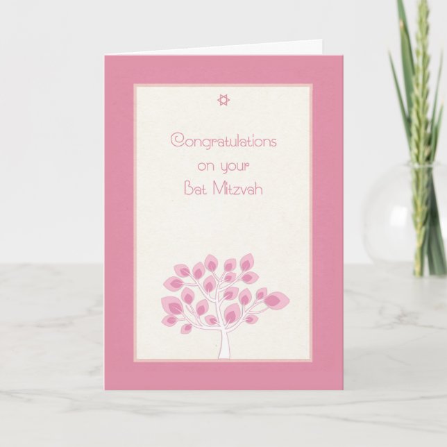 Tarjeta Bat Mitzvah Felicitaciones, Árbol Rosa (Anverso)