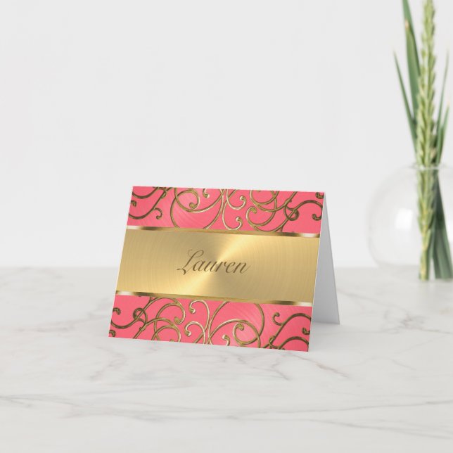 Tarjeta Bat Mitzvah Pink and Gold Filigree Swirls (Anverso)