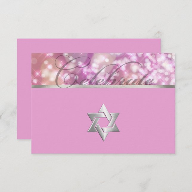 Tarjeta Bat Mitzvah Sparkle Luces Rosa (Anverso / Reverso)