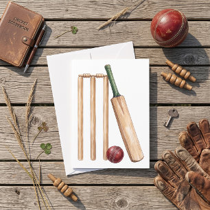 Tarjeta Bate y pelota de cricket clásicos con acuarela