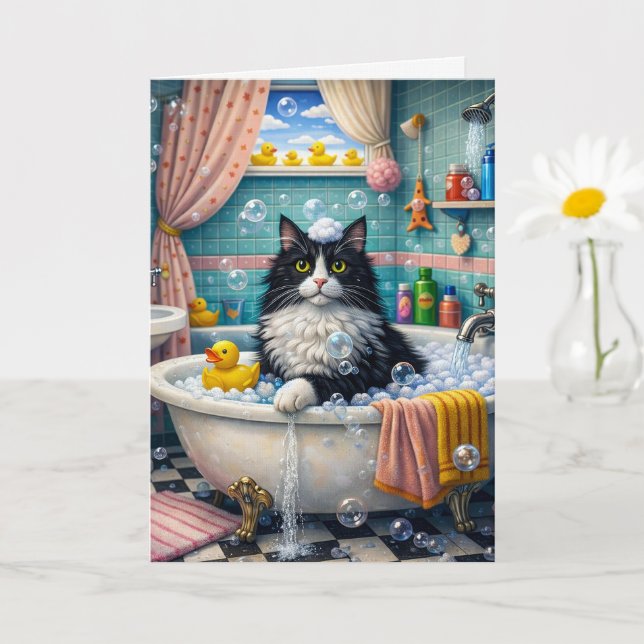 Tarjeta Bath Time , Cat Greeting Card (Planta pequeña)