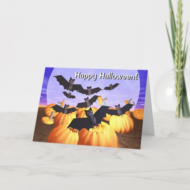 Tarjeta Bats y Calabazas de Halloween (Anverso)
