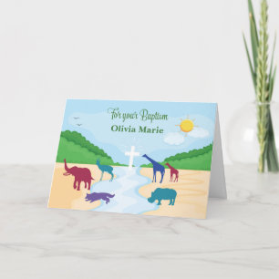 Tarjeta Bautismo con animales en el río Personaliza el nom