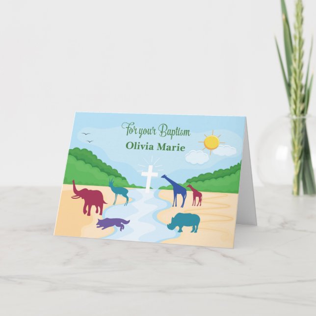 Tarjeta Bautismo con animales en el río Personaliza el nom (Anverso)