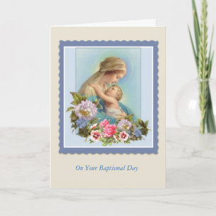Tarjeta BAUTISMO Virgen María Bebé Rosas Bendición