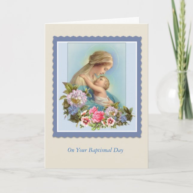Tarjeta BAUTISMO Virgen María Bebé Rosas Bendición (Anverso)