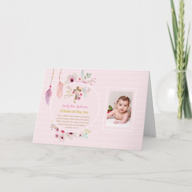 Tarjeta BAUTIZO Floral Rosa Baptism Biblia Verse Chica (Anverso)