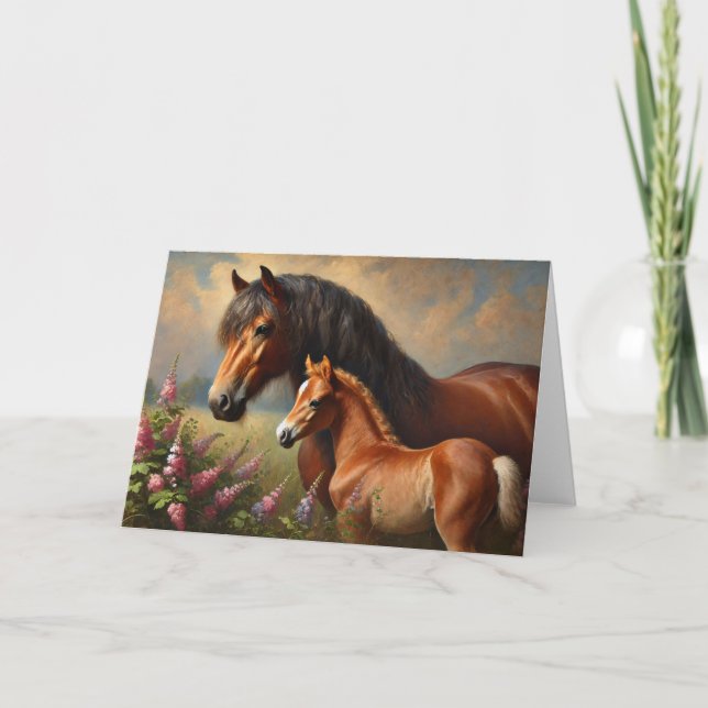 Tarjeta Bay Mare con pintura de Foal Wildflowers (Anverso)