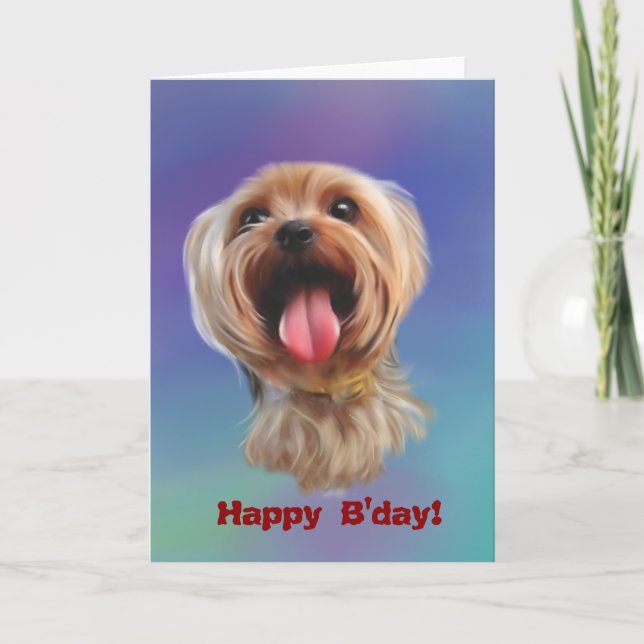Tarjeta ¡B'day feliz! Pintura digital del yorkie lindo (Anverso)