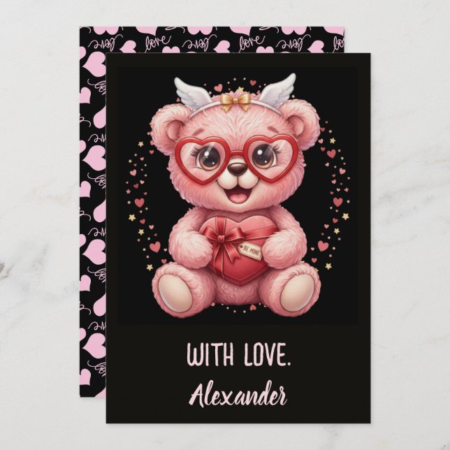 Tarjeta Be Mine! Cute Pink Teddy Bear Sweetheart  (Anverso / Reverso)
